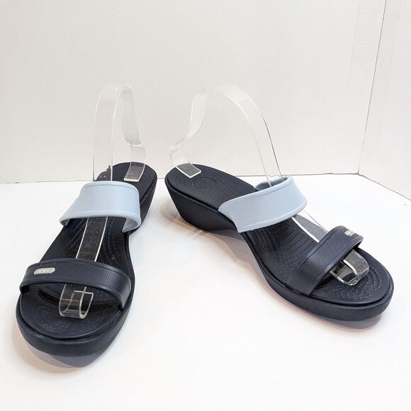 Crocs Madeira Wedge Slide Sandals Women's 9 Navy Blue Light Blue 2-Strap Comfort - Picture 1 of 14